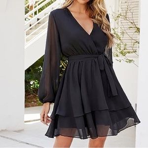 Japna Long Sleeve Belted Chiffon Ruffle Mini Dress